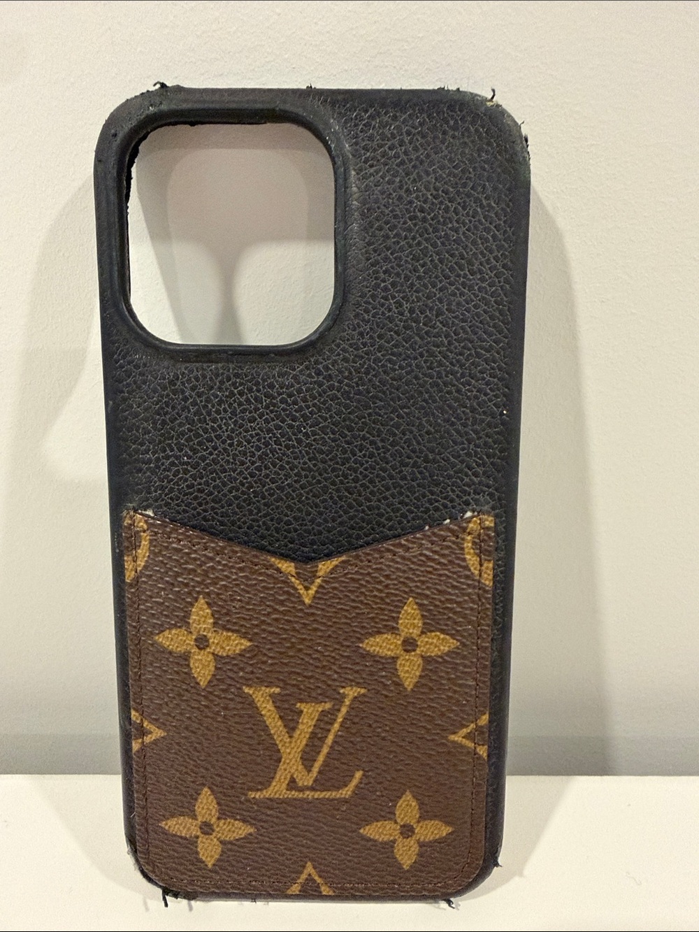 Louis Vuitton Black Leather Phone Case with Brown Monogram Card Pocket